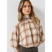 Mango Womens Check High Neck Flowy Blouse - Brown