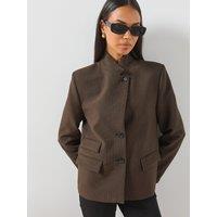 Mango Houndstooth High Neck Blazer - Brown
