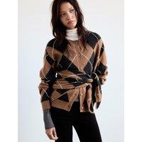 Mango Womens Argyle Button-Through Cardigan With Detachable Scarf - Brown