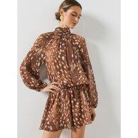 Mango Womens Margot High Neck Elasticated Waist Mini Dress - Brown