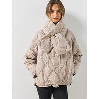 Mango Womens Removable Scarf Quilted High Neck Anorak - Grey