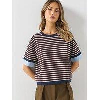 Mango Womens Layered Shirt Look Relaxed Fit Striped Jumper - Brown