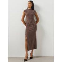 Mango Womens Ruched Side Asymmetric Seam Midi Dress - Brown