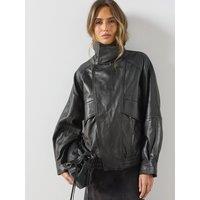 Mango Womens Oversized Funnel Neck Leather Jacket - Dark Brown