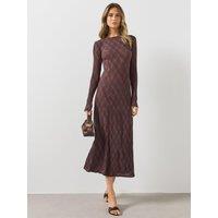 Mango Womens Crinkle Check Long Sleeve Midi Dress - Brown