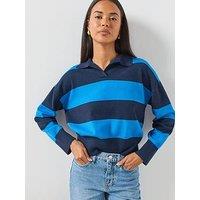 Mango Striped Polo Neck Sweater - Navy