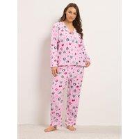 Yours Womens Curve Button-Through Christmas Stripe Pyjama Set - Pink