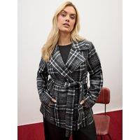 Yours Womens Curve Wrap Belted Check Coat - Black