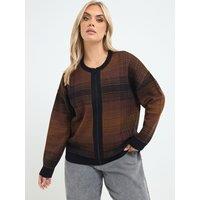 Yours Womens Curve Check Zip Through Knit Jacket - Brown