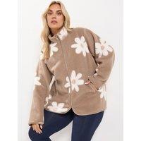 Yours Womens Curve Borg Pocket Flower Fleece Jacket - Brown