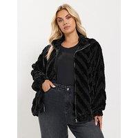 Yours Womens Plus Size Borg Faux Fur Mix Zip-Through Jacket - Black