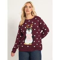 Yours Womens Curve Penguin Scarf Sequin Antler Spot Jumper - Red
