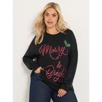 Yours Womens Curve Merry & Bright Sequin Slogan Jumper - Black