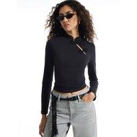 River Island Womens Sequin Frog Fastening Chinoiserie Neck Top - Black