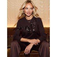 Sosandar Womens Sequin Bow Cardigan Jumper - Brown