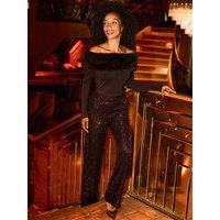 Sosandar Womens Sequin Stretch Wide Leg Trousers - Chocolate Brown
