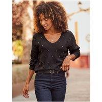 Sosandar Womens Pointelle Diamante V-Neck Jumper - Black