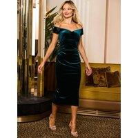 Sosandar Womens Velvet Embellished Trim Bardot Pencil Dress - Green