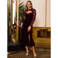 Sosandar Womens Lace Sleeve Keyhole Fit & Flare Dress - Burgundy