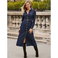 Sosandar Womens Button Front Belted Fit & Flare Denim Dress - Blue