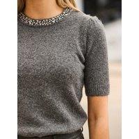 Sosandar Womens Embellished Neck Short Sleeve Jumper - Grey