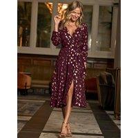 Sosandar Womens Metallic Spot Wrap Midi Dress - Red
