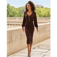 Sosandar Womens Blouson Sleeve V-Neck Button Front Knitted Dress - Brown