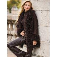 Sosandar Womens Faux Fur Trim Afghan Coat - Brown