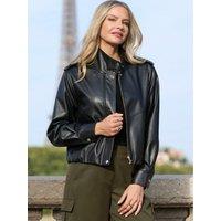 Sosandar Womens Faux Leather Funnel Neck Zip Through Jacket - Black