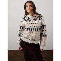 Mint Velvet Neutral Fair Isle Wool Blend Sequin Zip Bomber Jacket - Cream