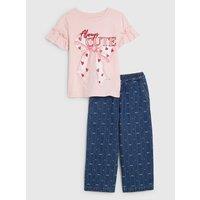 River Island Mini Girls Glitter Slogan Bow T-Shirt & Jeans Set - Pink