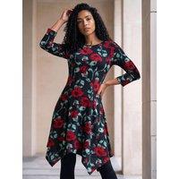 Roman Womens Rose Print Hanky Hem 3/4 Sleeve Dress - Black