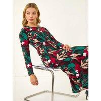 Roman Womens Floral Print Ring Buckle Stretch Midi Dress - Red