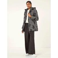 Roman Womens Floral Flock Hooded Zip Padded Coat - Grey