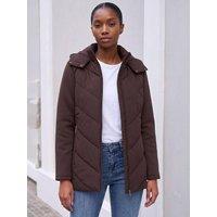 Roman Womens Petite Chevron Quilted Hooded Padded Coat - Brown