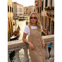 Roman Womens Petite Corduroy Square Neck Button-Through Pinafore Dress - Tan