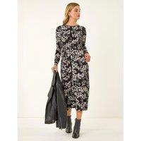 Roman Womens Floral Ring Buckle Stretch Midi Dress - Black