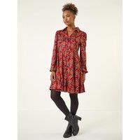Roman Womens Floral V-Neck Button Detail Dress - Red