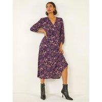 Roman Womens Abstract Print V-Neck 3/4 Sleeve Midi Dress - Purple