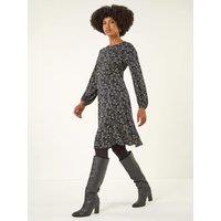 Roman Womens Floral Print Frill Stretch Dress - Black