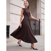 Roman Womens Fit & Flare High Neck Satin Crepe Midi Dress - Brown