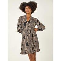 Roman Womens Abstract Print Tie Waist Stretch Dress - Ivory