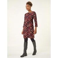 Roman Womens Floral Plaid Panel Shift Dress - Red