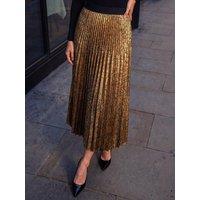 Roman Womens Shimmer Pleated Elasticated Waist Midi Skirt - Gold