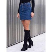 Roman Womens Side Pocket Fly Front Denim Midi Skirt - Blue