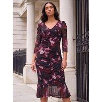 Roman Womens Ruched Floral Frill Dress - Red