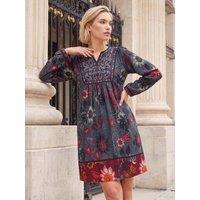 Roman Womens Embroidered Bib Panel Notch Neck Dress - Grey