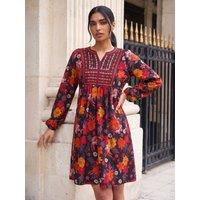 Roman Womens Embroidered Bib V-Neck Long Sleeve Dress - Orange
