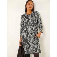 Roman Womens Petite Roll Neck Brushed Print Dress - Black