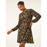 Roman Womens Stretch Keyhole Frill Hem Dress - Gold